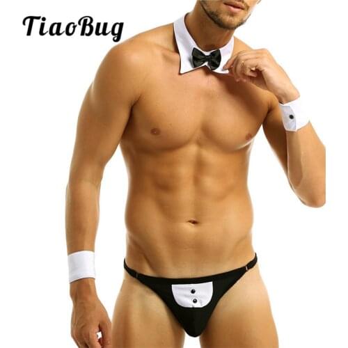 TiaoBug Men Butler Waiter Lingerie Set Open Butt G-string Thong Tuxedo Gay Underwear with Bow Tie Collar Bracelet Sexy Costumes