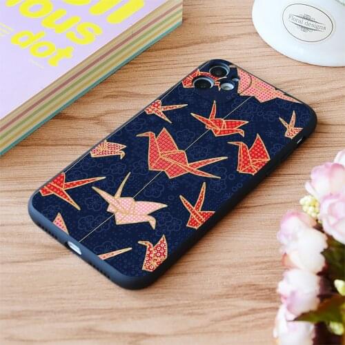 For iPhone Red Origami Cranes On Navy Blue Print Soft Matt Apple iPhone Case 6 7 8 11 12 Plus Pro X XR XS MAX SE