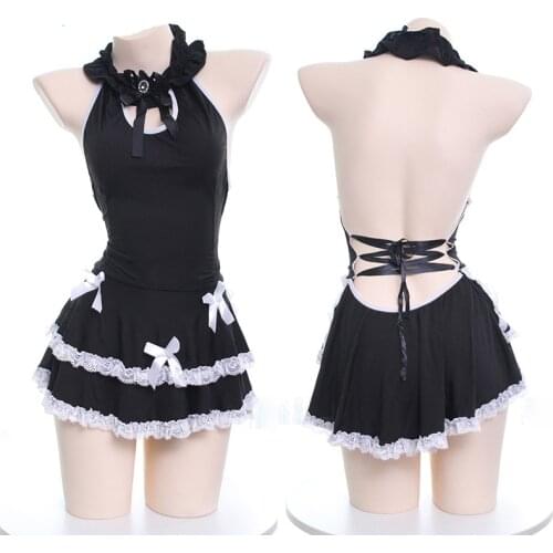 Sexy Japanese Sweet Lolita Cute Lace Bow Sleepwear Halter Backless Maid Dress Gothic Female Lace-up Pajamas Night skirt Lingerie