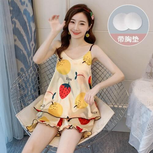 Summer Women Pajama Set Sling Silk Pjs Women Girls Sweet Lounge Pyjama Set Satin Sexy Sleeveless Nightwear Suit with Chest Pad