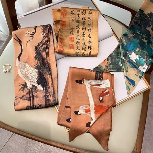 China Style Women Silk Scarf Gentle Elegant Design Print Bag Ribbon Headband Choker for Ladies Fashion Neckerchief