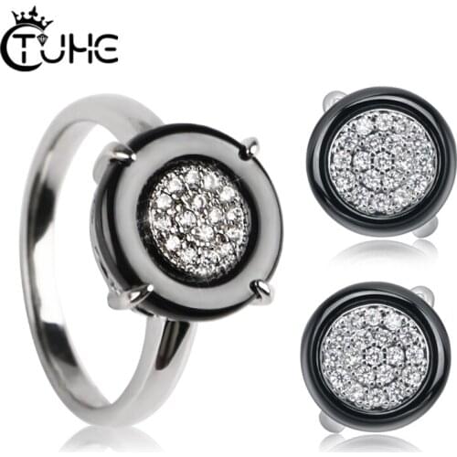 Simple Style Women Birthday Party Gift Jewelry Sets 3mm Width Rings Stud Earrings Never Fade Healthy Ceramic Jewelry Gift