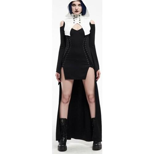 PUNKRAVE Womens Gothic Saint-Girl Long Sleeve Dress Sexy Irregular Hoodies Horn Sleeve Cosplay Halloween Skinny Dresses