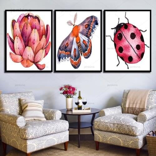 Modern Animals Seven-Spot Ladybug and Lotus Canvas Painting Prints Home Wall Art Sitting Room Decoration Posters and Pictures