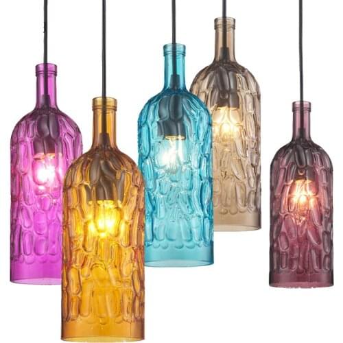Loft Modern Colorful Winebottle Glass Pendant Lights Cord E27 Led Lamp AC 110v 220v For Kitchen Restaurant Living Room Cafe Bar