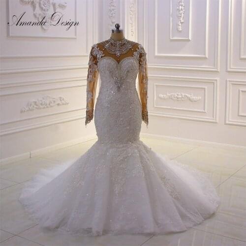 Amanda Design High Neck Long Sleeve Crystal Pattern Mermaid Wedding Dress for African