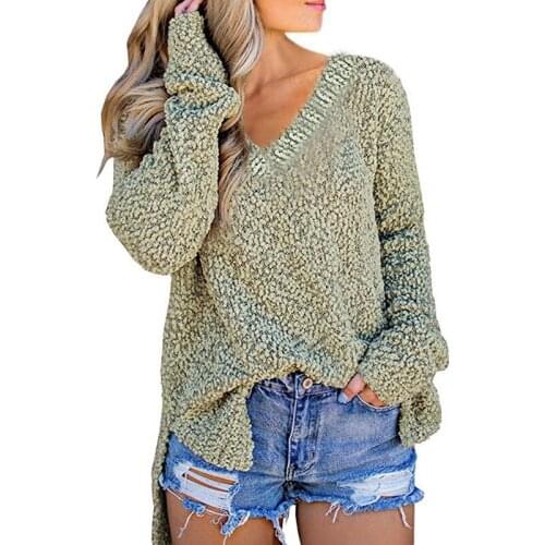 Warm Autumn Winter Thick Knit Sweater Women Granular Velvet V-Neck Split Hem Long Slevee Pullovers Tops Loose Streetwear