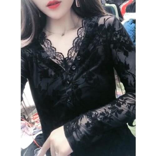 Womens Spring Autumn Style Lace Blouse Shirt New Womens Mesh V-neck Button Embroidery Patchwork Tops DD8344