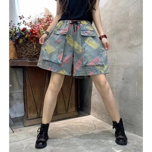 21New Women Denim Shorts Summer Retro Print Big Pockets Washed Vintage Loose High Waist Sashes Female Wide Leg Jeans Fashion