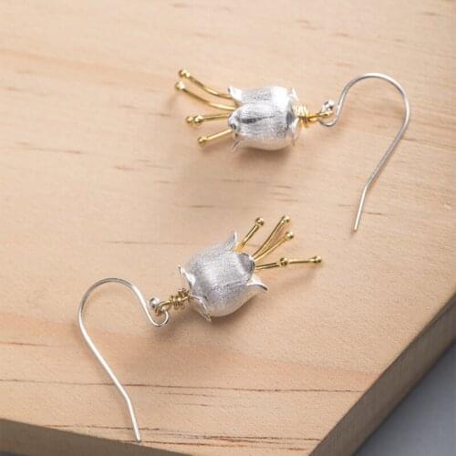 VLA 925 Silver Simple Design Chinese Style Lily Of The Valley Earrings Womens Retro Gold Color Flower Hanging Earrings