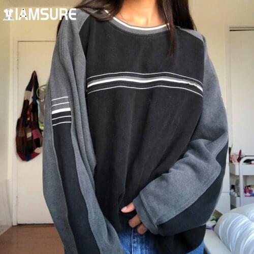 IAMSURE Preppy Style Patchwork Striped Sweatshirt Autumn Casual Streetwear Loose Long Sleeve O-Neck Pullovers Women 2021 Fashion