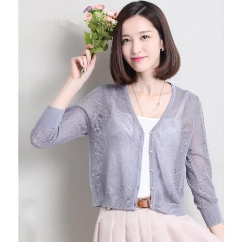 New Summer & Spring Women Hollow Out Knitwear Ladies v-Neck Long Sleeve Thin Knitted Cardigan