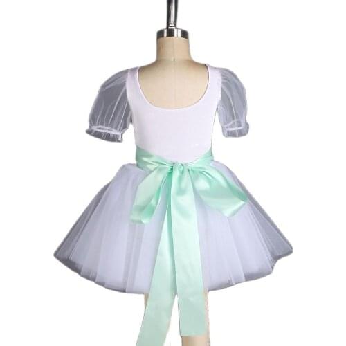 Puff Sleeves White Ballet Dance Tutu Leotard Bow Dress with Pink/Green Ribbon Trim in the Wasit Girls Dance Costumes 20526