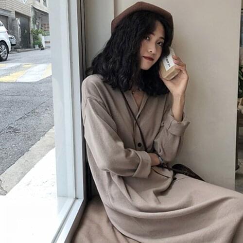 2020 New Autumn Plus Size 4XL Women Dress Loose Long Sleeve Ladies Vestidos Korean Style Button Dresses V-neck Brand Robe KE1881
