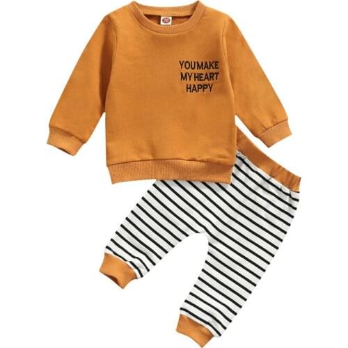 2021 0-24M Infant Baby Girl Boy Clothes Set Letter Print Round Neck Long Sleeve Brown Sweatshirt+Striped Pants Fall Casual 2pcs