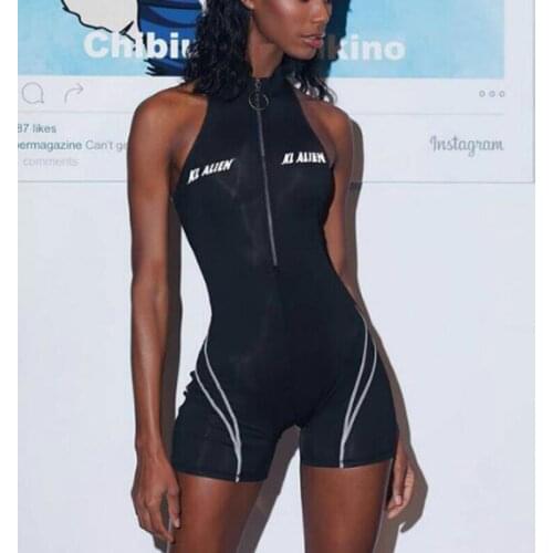 2021 Women Sexy Sleeveless Turtleneck Zipper Body Pant Female Letter Printed Slim Sports Jumpsuit