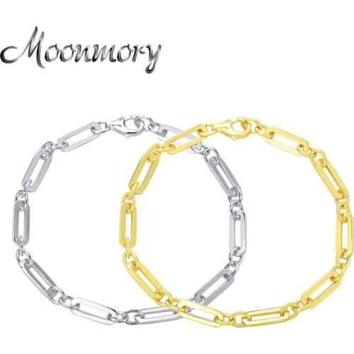Moonmory 100% 925 Sterling Silver Big Chain Bracelet For Unisex Paperclip Large Bracelet European Pop Hook Jewelry Couple Gifts