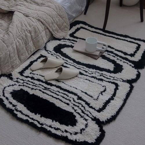 Black White Rug Nordic Soft Fluffy Irregular Floor Mat Bathmat Bedroom Foot Pad Home Aesthetic Room Decor 110x80cm