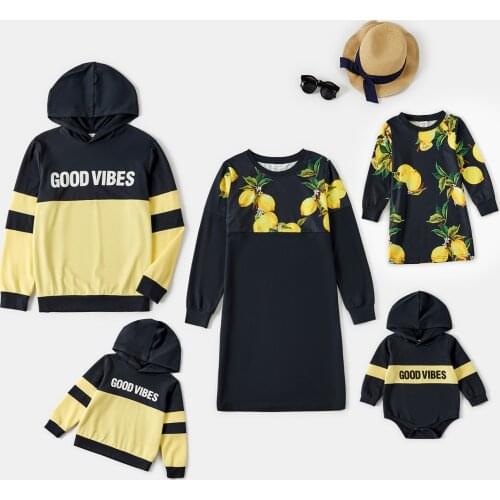 PatPat Fruit Print Splice Solid and Letter Print Long-sleeve Family Matching Sweatshirt Sets