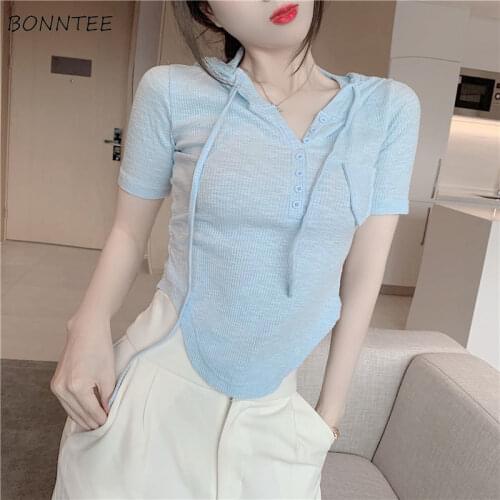 Hooded T-shirts Women Fashion New Summer Irregular Sweet All-match Korean Style Slim Simple Female Crop Top Leisure Holiday Cozy