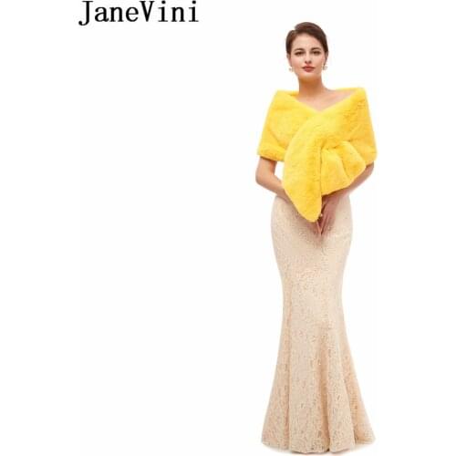 JaneVini 2020 Yellow Faux Fur Stoles Winter Warm Black Evening Prom Dress Fake Fur Bridal Shawl Wraps Jacket Bolero mariage cape