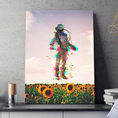 Cool Astronaut Poster And Prints Cosmonaut In The Sunflower Field Canvas Painting Modern Pop Boys Room Decoration Wall Pictures