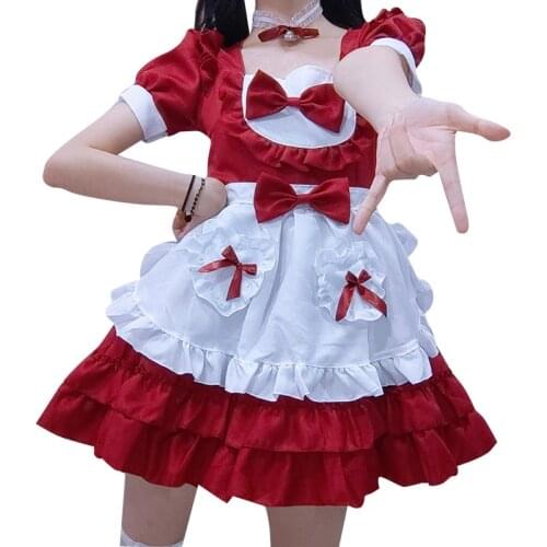 Lolita Cosplay Girl Short Sleeve Sexy Cream Little Sweetheart Maid Outfit Cute Lolita Red Puffy Dress Stage Costume