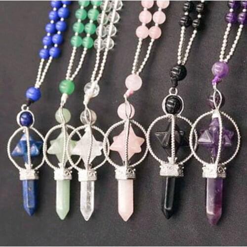 KFT Natural Stone Long Necklace Women Reiki Merkaba Pendant Crystal Necklaces Purple Pink White Tiger Eye Bohemian Jewelry