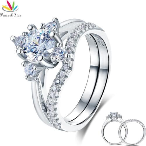Peacock Star Solid 925 Sterling Silver 2-Pcs Wedding Engagement Ring Set 1 Ct Round Cut Jewelry CFR8312