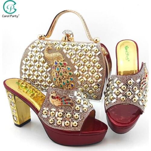 New Arrival Fashion Wine Color Italian Design Party Ladies Shoes and Bag Set With Platform and Phoenix Shape Metal Decoration