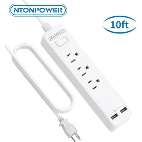 NTONPOWER Wall Mountable Power Strip With USB Long Extension Cord 3 Outlets 2 USB Ports Desktop Charging Station For Home/Office