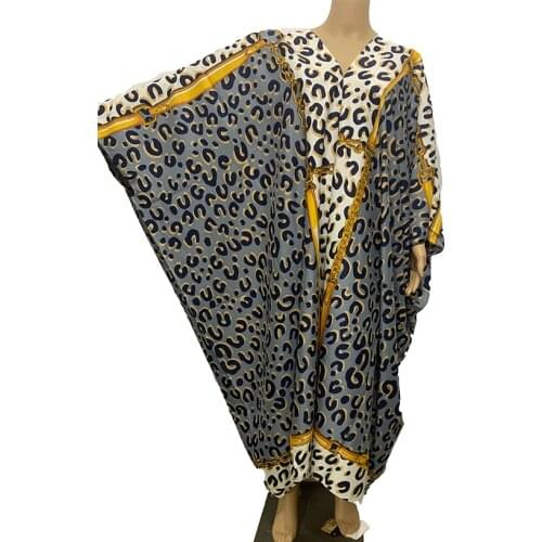 Popular Kuwait Leopard Printed Bohemian Sexy Lady V-neck Kaftan Silk Maxi dress Dashiki African womens party Boubou clothes