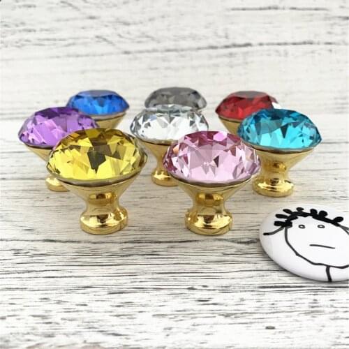 LCH 25mm 30mm 40mm Modern Style Cut Diamond Crystal Knob Colored Diamond Crystal Knobs Cupboard Handles Door Pull Gold Base