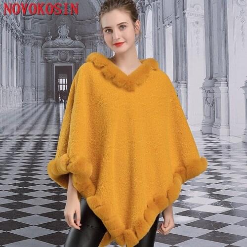 SC392 2019 Winter Warm Knitted O Neck Faux Rabbit Fur Sweater Women Capes Solid Triangle Poncho Plus Size Pullover Coat
