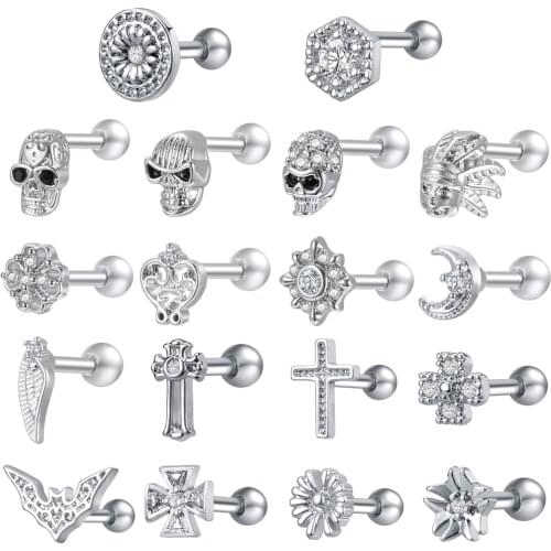 ZS Corss Skull Stud Earrings 316L Stainless Steel Earring for Men Hip Hop Ear Cartilage Piercing Jewelry Gothic Earrings