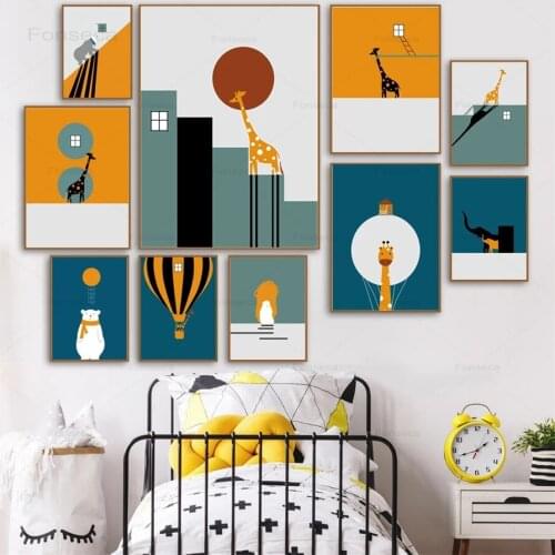 Nordic Abstract Posters and Prints Cute Cartoon Animals Bear Giraffe Elephant Canvas Painting Kids Room Decoration Wall Artwork