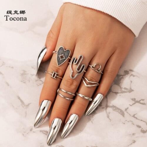 Tocona 7pcs/sets Vintage Silver Color Cactus Heart Cute Ring Sets for Women Hollow Out Geomery Alloy Metal Jewelry Anillo 17195