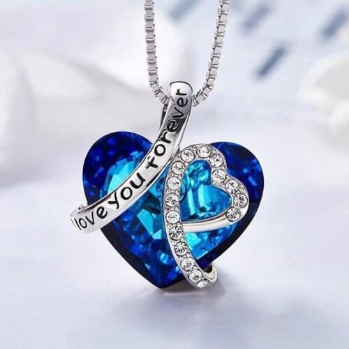 I Love You Forever Heart Pendant Necklace For Women With Blue Crystals Jewelry Female Elegant Blue Crystals Heart Necklace