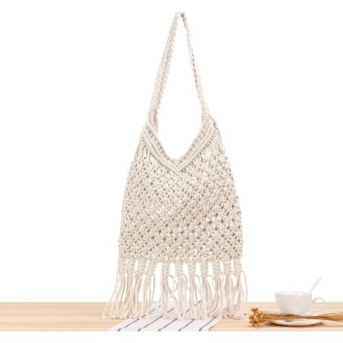 Women Tassel Shoulder Bag Girls Vintage Hand Woven Cotton Rope Bags Hobo Style Beach Vacation Travel Daily Use