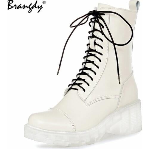 Brangdy Fashion Women Martin Boots Genuine Leather Square Heel Round Toe Womens Winter Boots Zipper Lace Ankle Boots Size 34-39