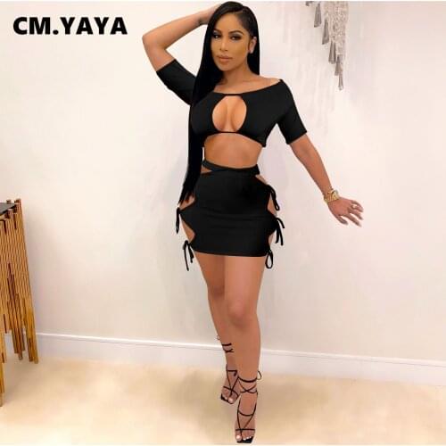 CM.YAYA Women Set Solid Short Sleeve Cut Out Crop Tops Bandage Hollow Out Mini Skirts Two Piece Set Tracksuit Sexy Outfit Summer
