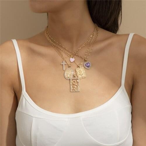 2021 Cross Heart Flower Dragon Pendant Necklace Sets for Women Punk Jewelry for Women Gift Statement Clavicle Chain Necklaces