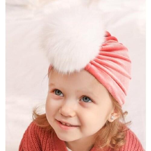 Baby girls winter pom pom hat Children Hats with fur pompom Girl pom pom beanie warm knitted stretch cap Baby top knot hat H175D