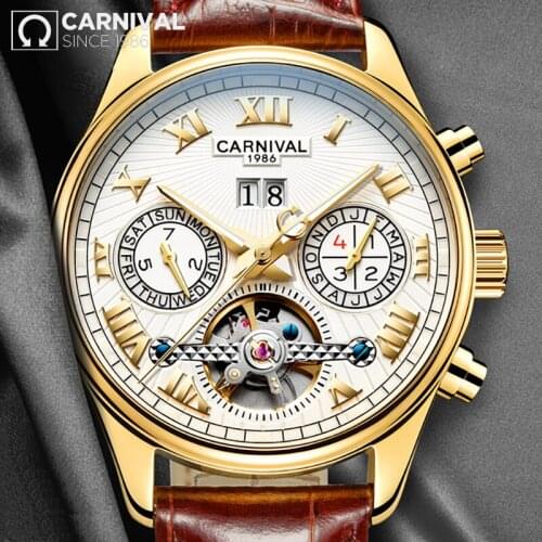 CARNIVAL Relogio Masculino Automatic Mechanical Men Watches Waterproof Calendar Week Leather Wristwatch Mens otomatik erkek saat