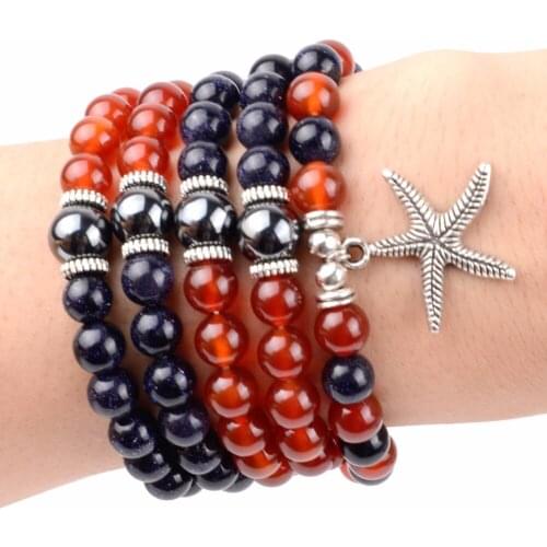 108 Meditation Mala Beads Bracelets Natural Red Agates Blue Sand Stone Starfish Charm Bracelets For Women Man Yoga Jewelry