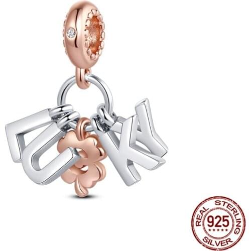 100% 925 Sterling Silver LUKY Letter Double Color Separation Beads Fit Original Pandora Charms Bracelets DIY Women Jewelry