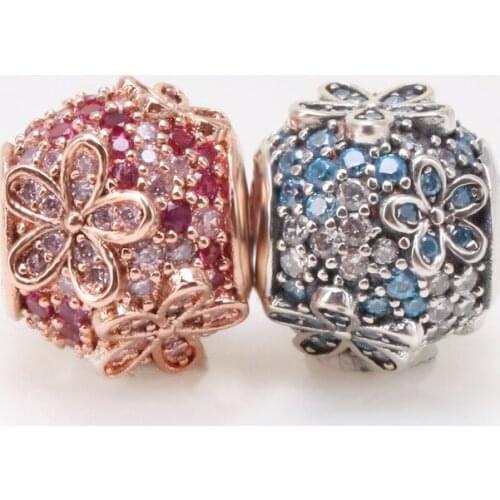 Hot Sale Genuine 925 Silver Fashion teal blue full zircon daisy charm Fit Original Bracelet Pendant DIY Jewelry Charms Gift