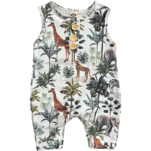 FOCUSNORM 0-24M Summer Casual Boys Girls Rompers Animal Printed Sleeveless Button Jumpsuits
