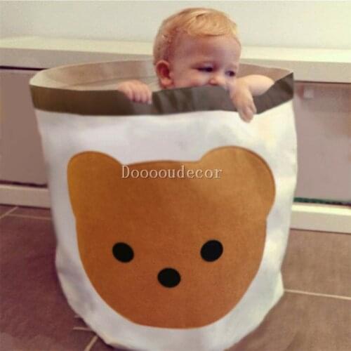 Ins Korean style bear childrens toy storage bucket with cover fabric dirty clothes basket home tidy storage basket