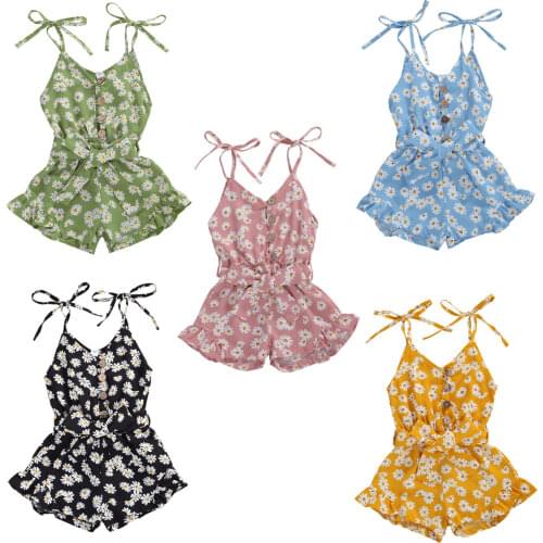 Summer Toddler Baby Girls Sweet Rompers Flowers Print Sleeveless V Neck Belt Chiffon Jumpsuits 5 Colors